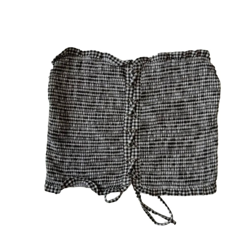Express Black White Gingham Print Smocked Lace Up Stretch Tube Top Women's Large